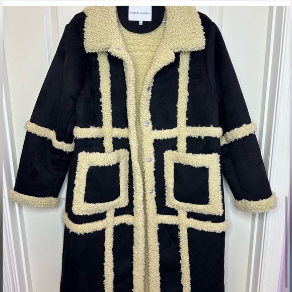New Rebecca Minkoff Womens Long Vegan Black Cream Shearling Coat - Picture 8 of 13